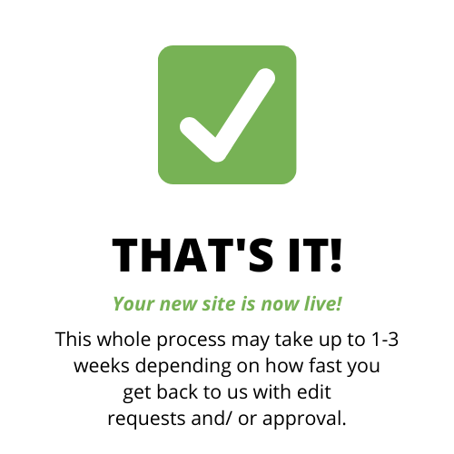 That's it! The whole process may take up to 1-3 weeks depending on how fast you get back to us with edit requests and/ or approval.